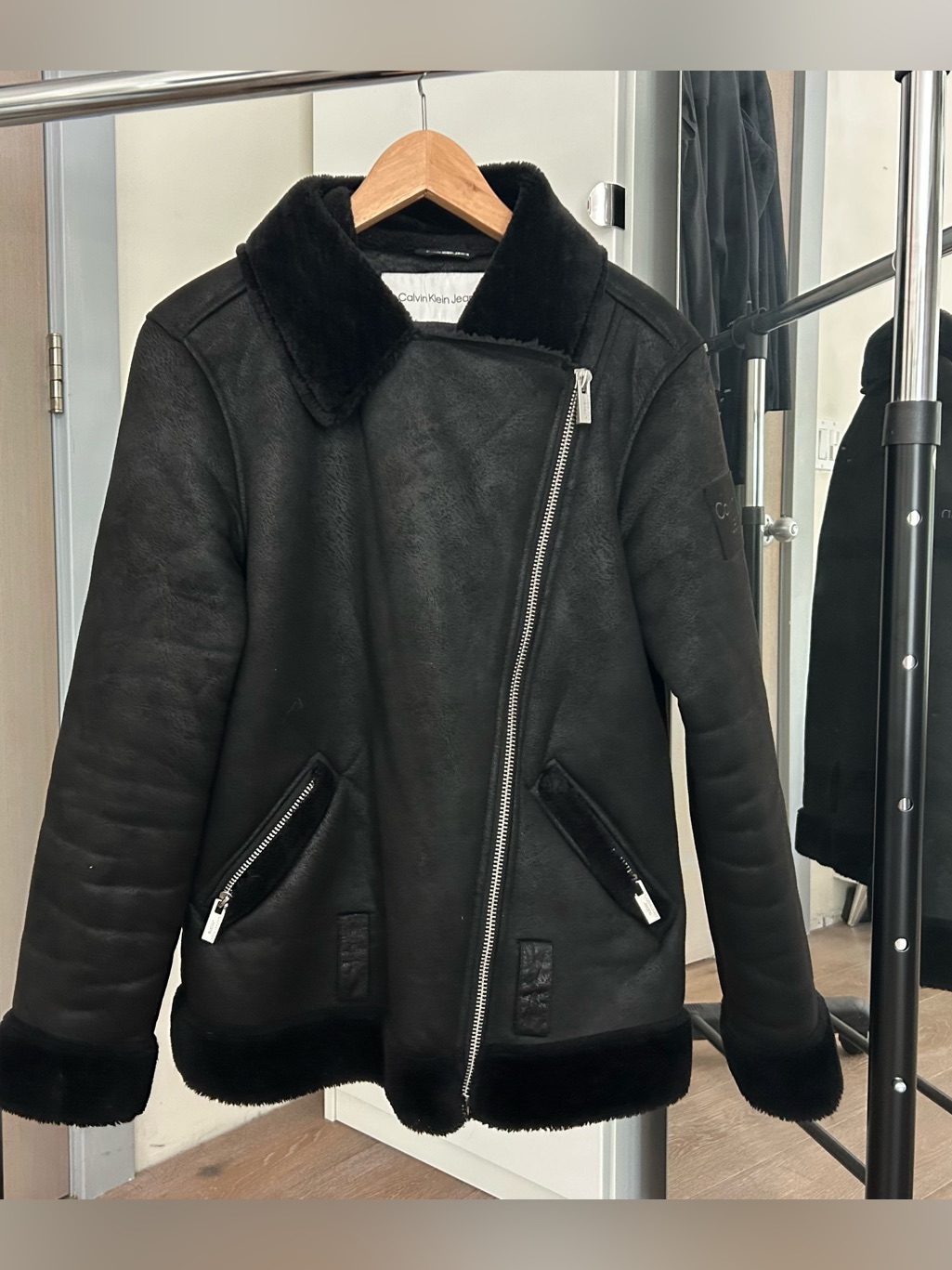 Calvin Klein Jeans Black Shearling Moto Coat